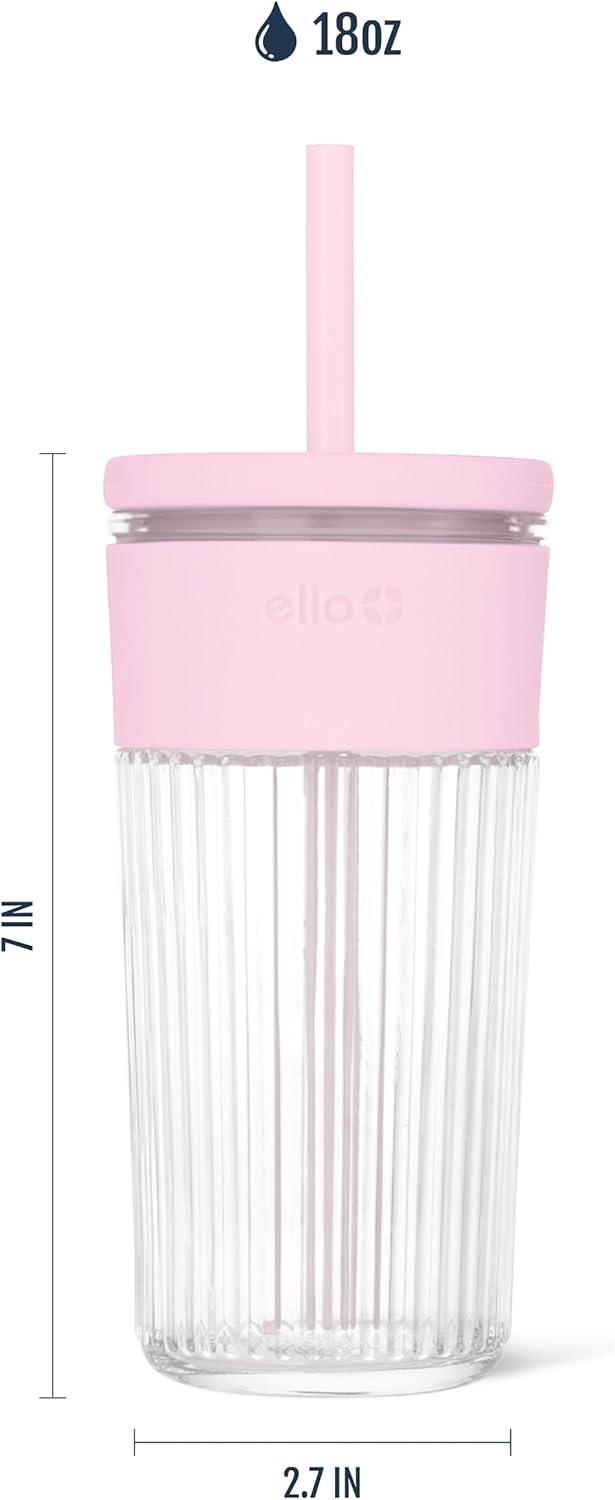 imageEllo Ava 18oz Glass Tumbler with Straw and Lid Premium Ribbed Glass with Silicone Grip Car Cup Friendly Dishwasher Safe BPA Free Iced Coffee Water Matcha Juice Cup LemonPink Orchard