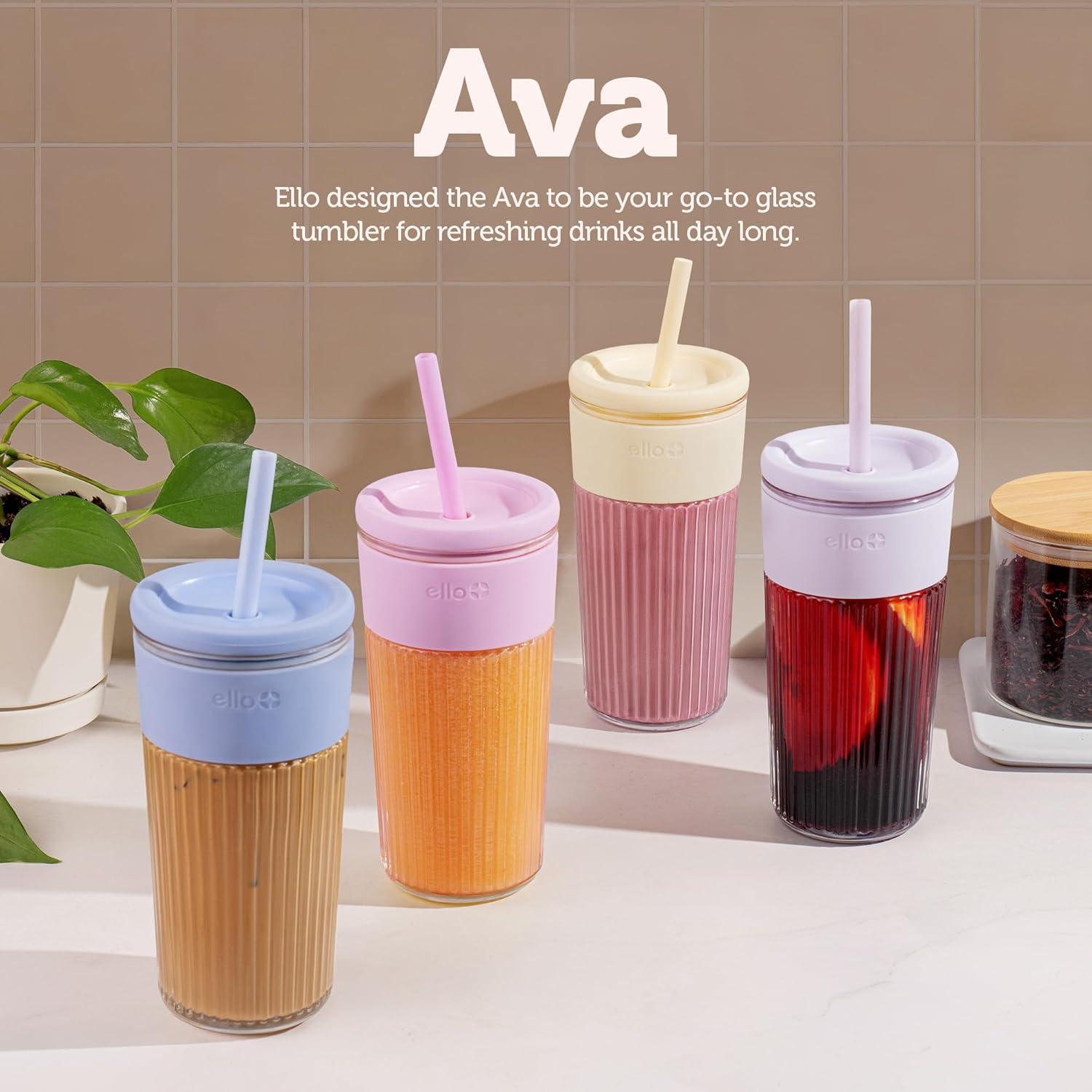 imageEllo Ava 18oz Glass Tumbler with Straw and Lid Premium Ribbed Glass with Silicone Grip Car Cup Friendly Dishwasher Safe BPA Free Iced Coffee Water Matcha Juice Cup LemonBlueberry