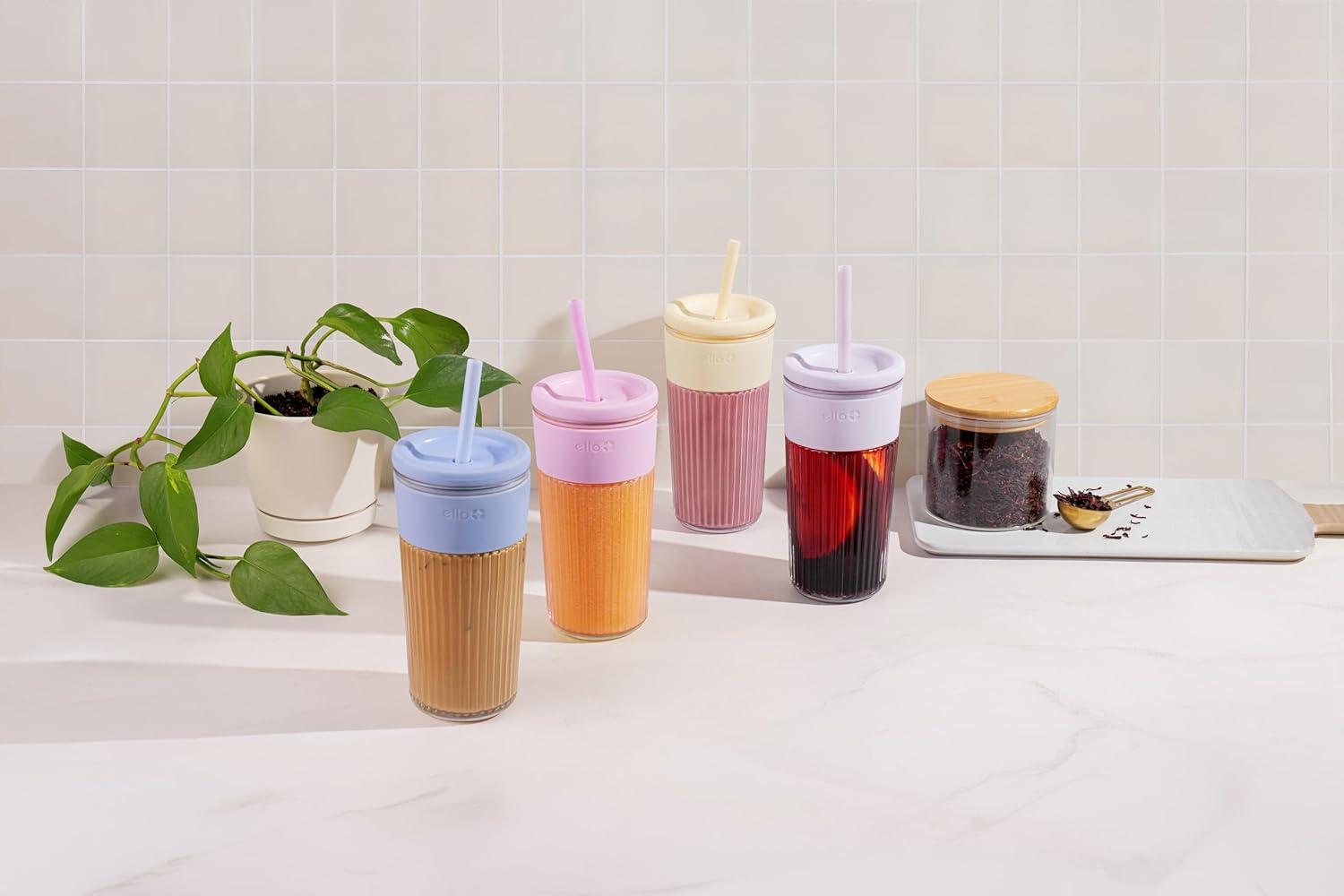 imageEllo Ava 18oz Glass Tumbler with Straw and Lid Premium Ribbed Glass with Silicone Grip Car Cup Friendly Dishwasher Safe BPA Free Iced Coffee Water Matcha Juice Cup LemonBlueberry