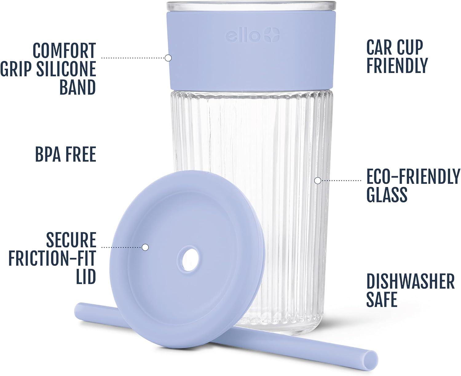 imageEllo Ava 18oz Glass Tumbler with Straw and Lid Premium Ribbed Glass with Silicone Grip Car Cup Friendly Dishwasher Safe BPA Free Iced Coffee Water Matcha Juice Cup LemonBlueberry