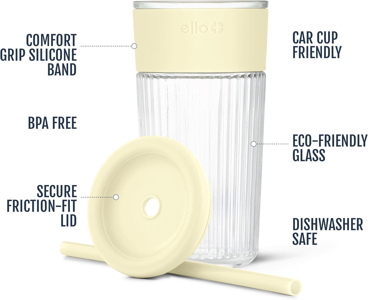 imageEllo Ava 18oz Glass Tumbler with Straw and Lid Premium Ribbed Glass with Silicone Grip Car Cup Friendly Dishwasher Safe BPA Free Iced Coffee Water Matcha Juice Cup LemonLemon
