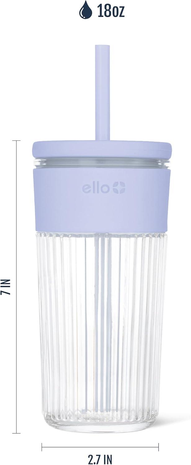 imageEllo Ava 18oz Glass Tumbler with Straw and Lid Premium Ribbed Glass with Silicone Grip Car Cup Friendly Dishwasher Safe BPA Free Iced Coffee Water Matcha Juice Cup LemonBlueberry