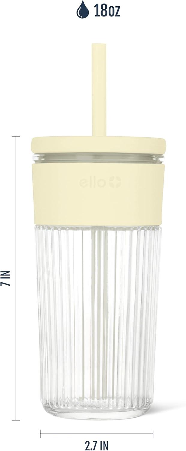 imageEllo Ava 18oz Glass Tumbler with Straw and Lid Premium Ribbed Glass with Silicone Grip Car Cup Friendly Dishwasher Safe BPA Free Iced Coffee Water Matcha Juice Cup LemonLemon