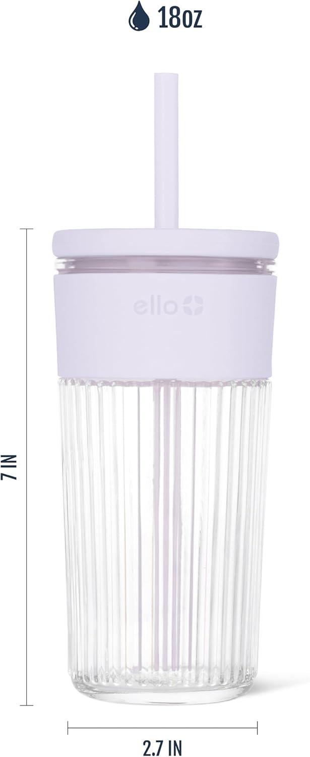 imageEllo Ava 18oz Glass Tumbler with Straw and Lid Premium Ribbed Glass with Silicone Grip Car Cup Friendly Dishwasher Safe BPA Free Iced Coffee Water Matcha Juice Cup LemonSugarplum