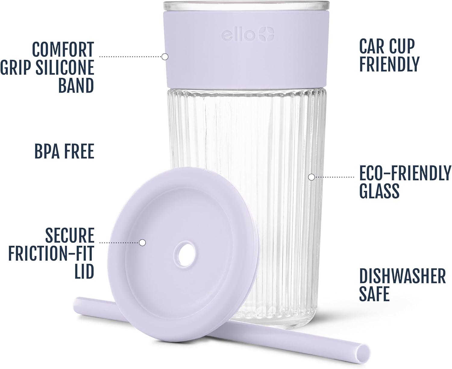 imageEllo Ava 18oz Glass Tumbler with Straw and Lid Premium Ribbed Glass with Silicone Grip Car Cup Friendly Dishwasher Safe BPA Free Iced Coffee Water Matcha Juice Cup LemonSugarplum