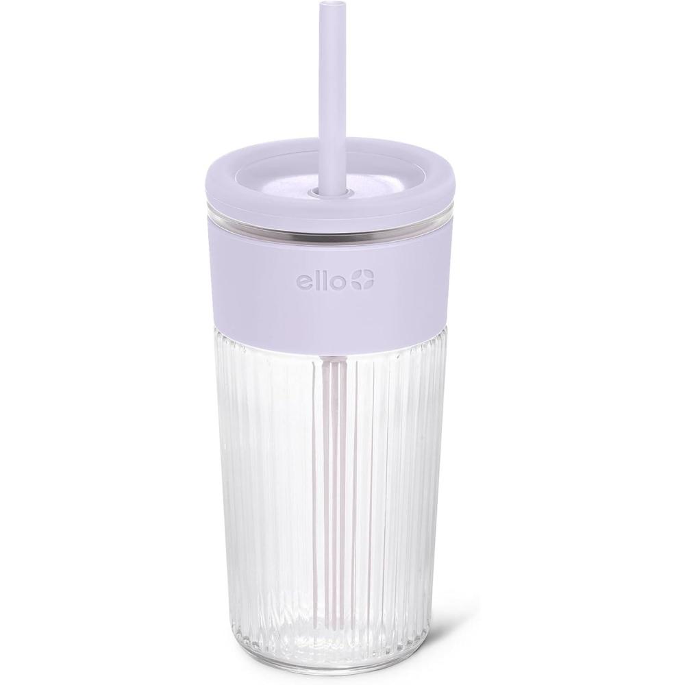 imageEllo Ava 18oz Glass Tumbler with Straw and Lid Premium Ribbed Glass with Silicone Grip Car Cup Friendly Dishwasher Safe BPA Free Iced Coffee Water Matcha Juice Cup LemonSugarplum