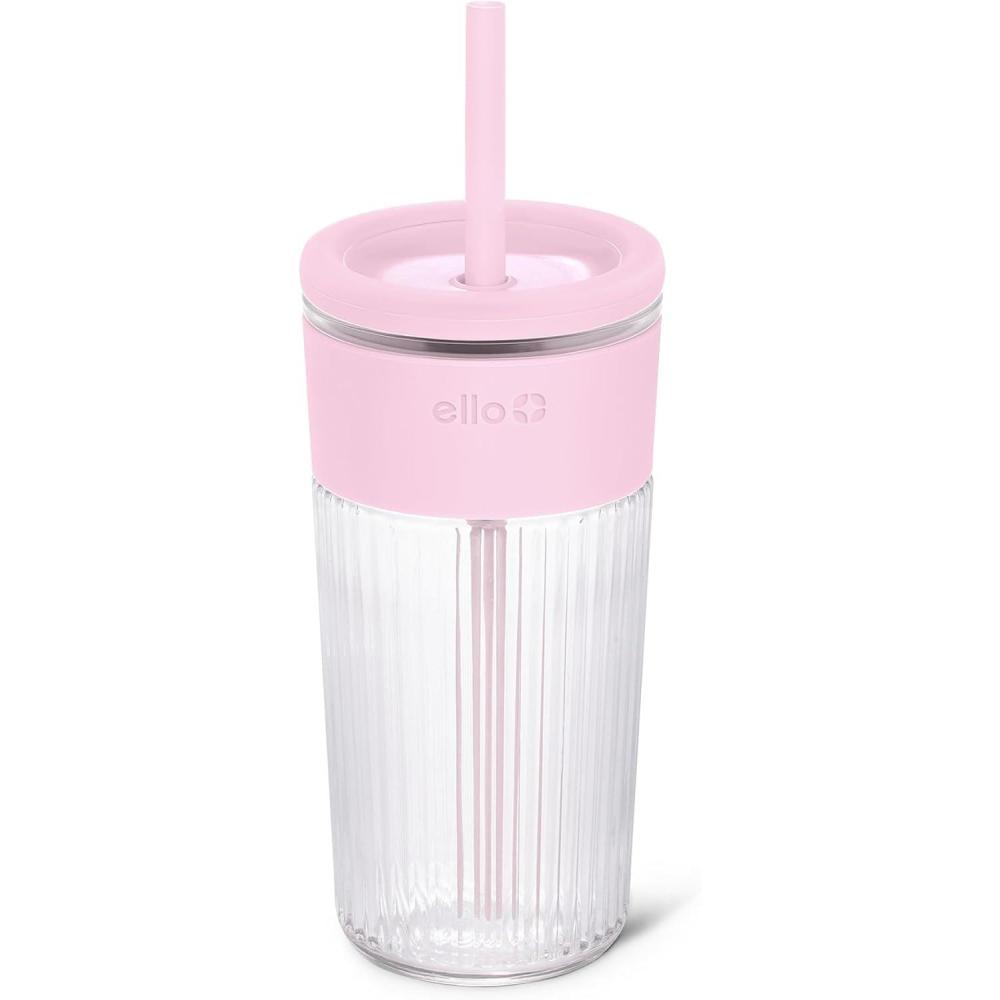 imageEllo Ava 18oz Glass Tumbler with Straw and Lid Premium Ribbed Glass with Silicone Grip Car Cup Friendly Dishwasher Safe BPA Free Iced Coffee Water Matcha Juice Cup LemonPink Orchard