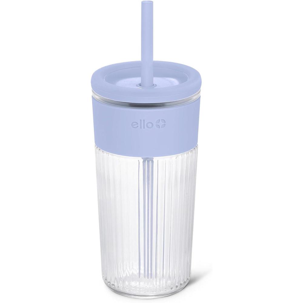 imageEllo Ava 18oz Glass Tumbler with Straw and Lid Premium Ribbed Glass with Silicone Grip Car Cup Friendly Dishwasher Safe BPA Free Iced Coffee Water Matcha Juice Cup LemonBlueberry