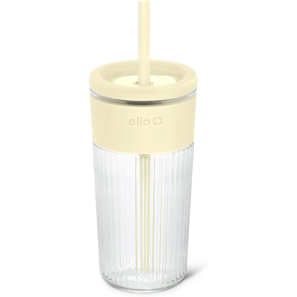 imageEllo Ava 18oz Glass Tumbler with Straw and Lid Premium Ribbed Glass with Silicone Grip Car Cup Friendly Dishwasher Safe BPA Free Iced Coffee Water Matcha Juice Cup LemonLemon
