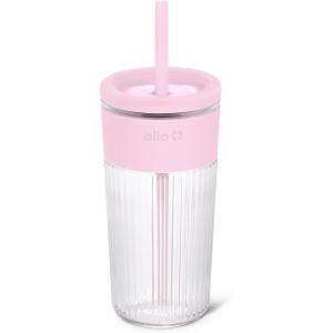 Ello Ava 18oz Glass Tumbler with Straw and Lid | Premium Ribbed Glass with Silicone Grip, Car Cup Friendly, Dishwasher Safe, BPA Free | Iced Coffee, Water, Matcha, Juice Cup | Lemon(Pink Orchard)