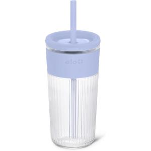 Ello Ava 18oz Glass Tumbler with Straw and Lid | Premium Ribbed Glass with Silicone Grip, Car Cup Friendly, Dishwasher Safe, BPA Free | Iced Coffee, Water, Matcha, Juice Cup | Lemon(Blueberry)