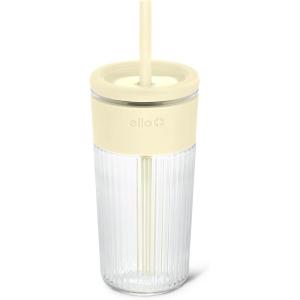 Ello Ava 18oz Glass Tumbler with Straw and Lid | Premium Ribbed Glass with Silicone Grip, Car Cup Friendly, Dishwasher Safe, BPA Free | Iced Coffee, Water, Matcha, Juice Cup | Lemon(Lemon)