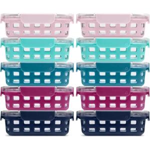 Ello Duraglass 3.4 Cup Meal Prep Sets 10Pc, 10 Pack Set- Glass Food Storage Container with Silicone Sleeve and Airtight BPA-Free Plastic Lids, Dishwasher, Microwave, and Freezer Safe, Evening Orchard
