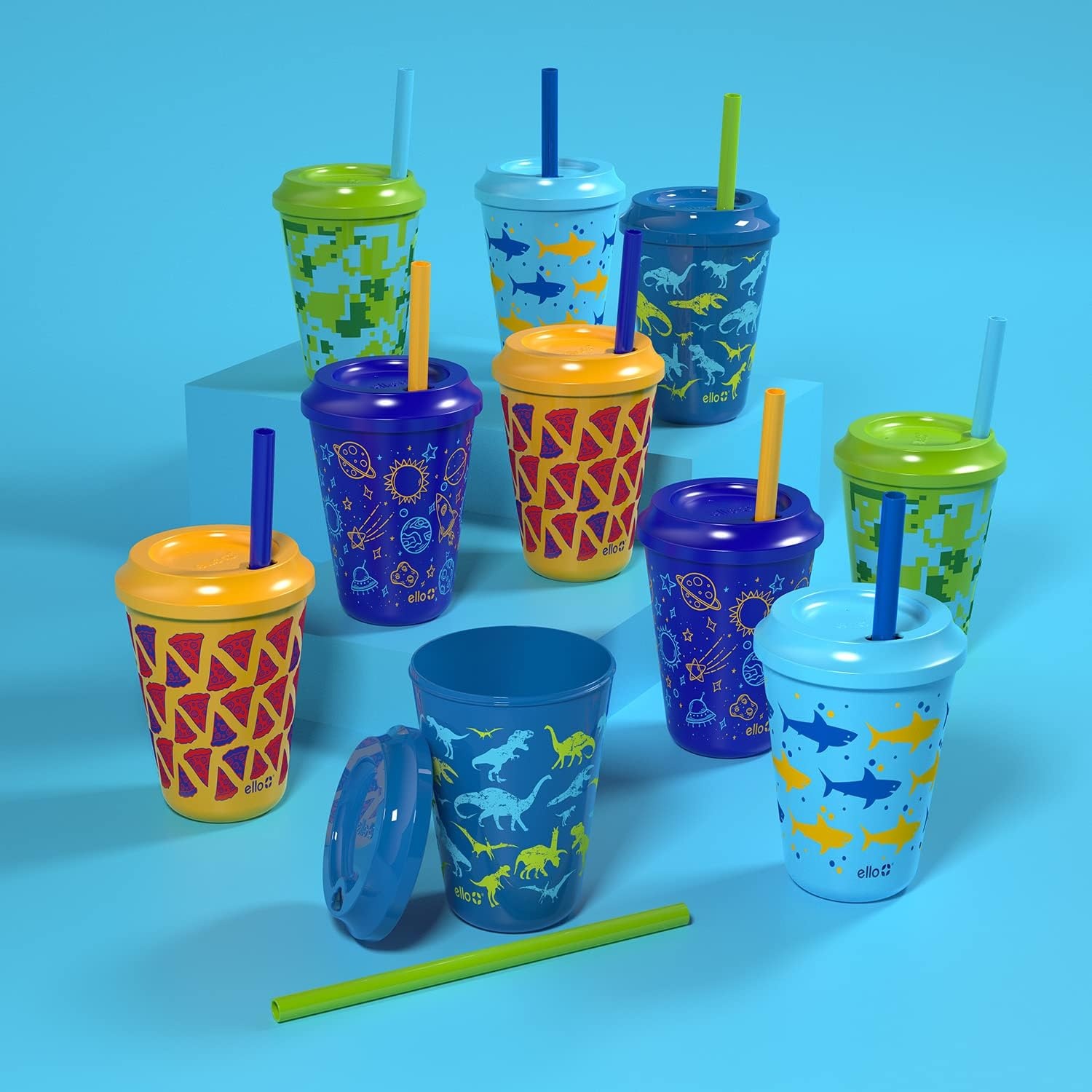 image:imageEllo Kids Plastic Reusable Color Changing Cups with Twist on SplashProof Lids and Straw BPA Free Dishwasher Safe 12oz Rainforest 10 Pack