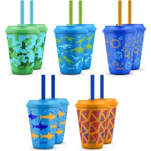 Ello Kids Plastic Reusable Color Changing Cups with Twist on Splash-Proof Lids and Straw, BPA Free, Dishwasher Safe, 12oz, Rainforest, 10 Pack