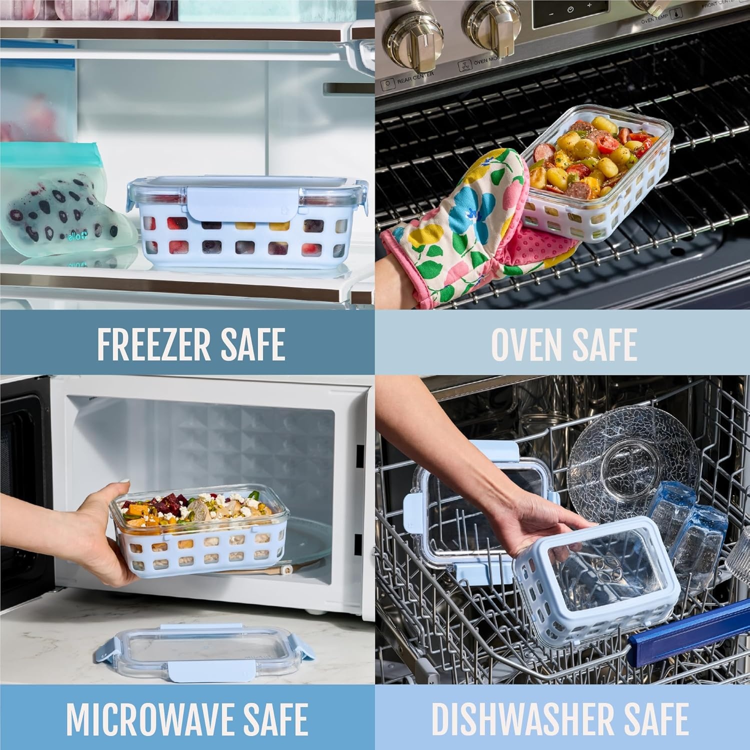 image:imageEllo Duraglass Refresh 34 Cup Meal Prep Sets 10Pc 5 Pack Set Glass Food Storage Container with Silicone Boot and Airtight BPAFree Plastic Lids Dishwasher Microwave and Freezer Safe MelonHalogen Blue with Sleeve
