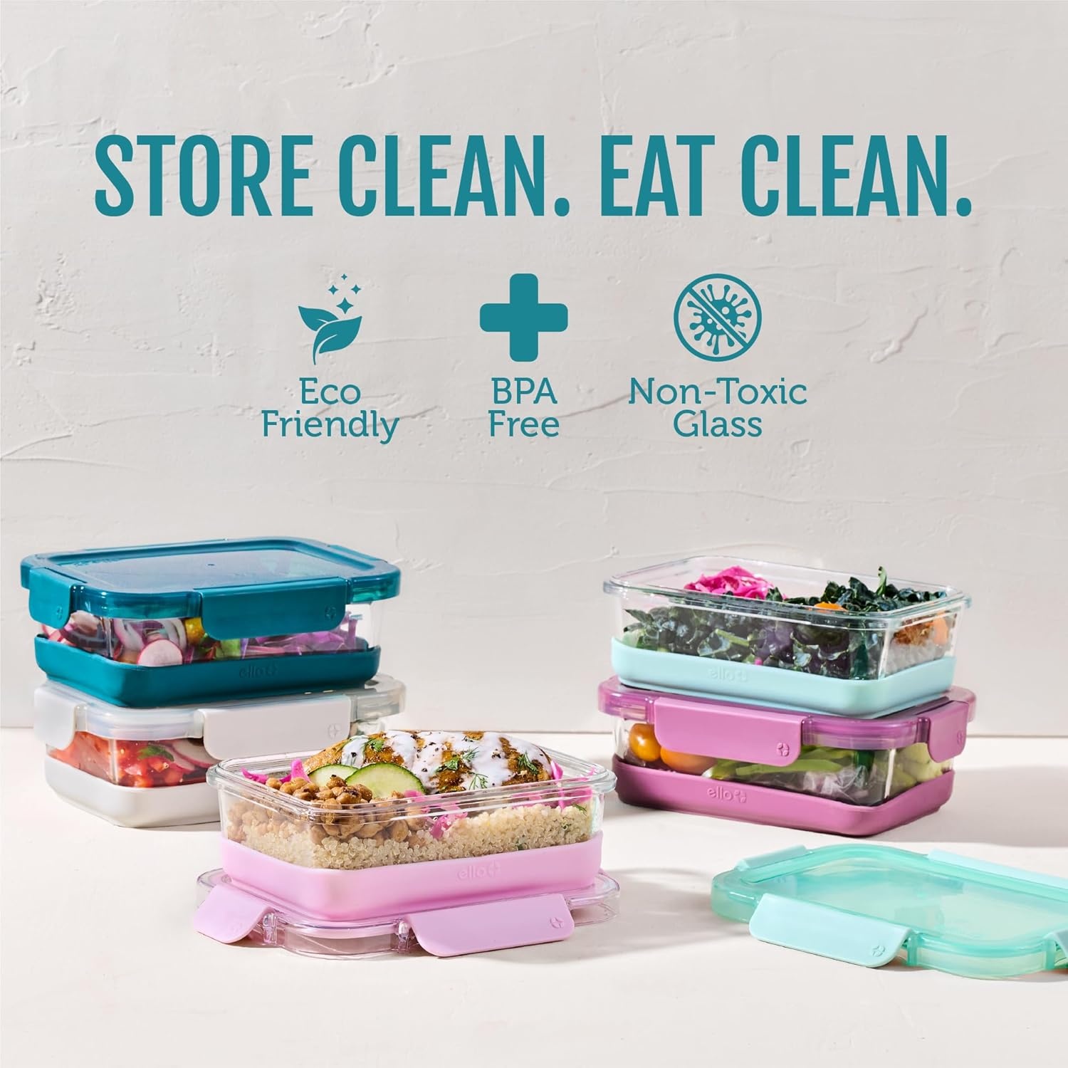 image:imageEllo Duraglass Refresh 34 Cup Meal Prep Sets 10Pc 5 Pack Set Glass Food Storage Container with Silicone Boot and Airtight BPAFree Plastic Lids Dishwasher Microwave and Freezer Safe MelonGarden Goals with Boot
