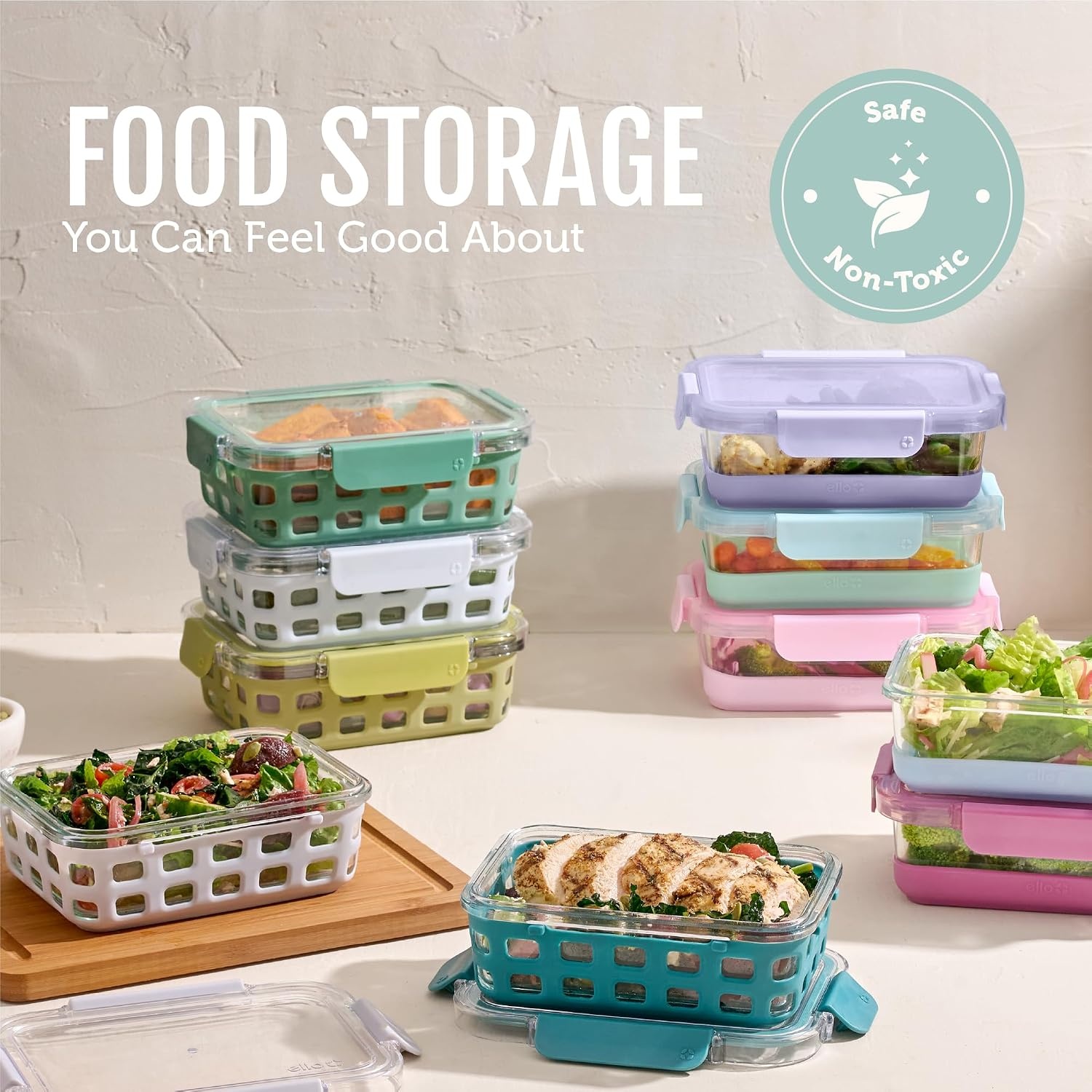 image:imageEllo Duraglass Refresh 34 Cup Meal Prep Sets 10Pc 5 Pack Set Glass Food Storage Container with Silicone Boot and Airtight BPAFree Plastic Lids Dishwasher Microwave and Freezer Safe MelonGarden Goals with Boot