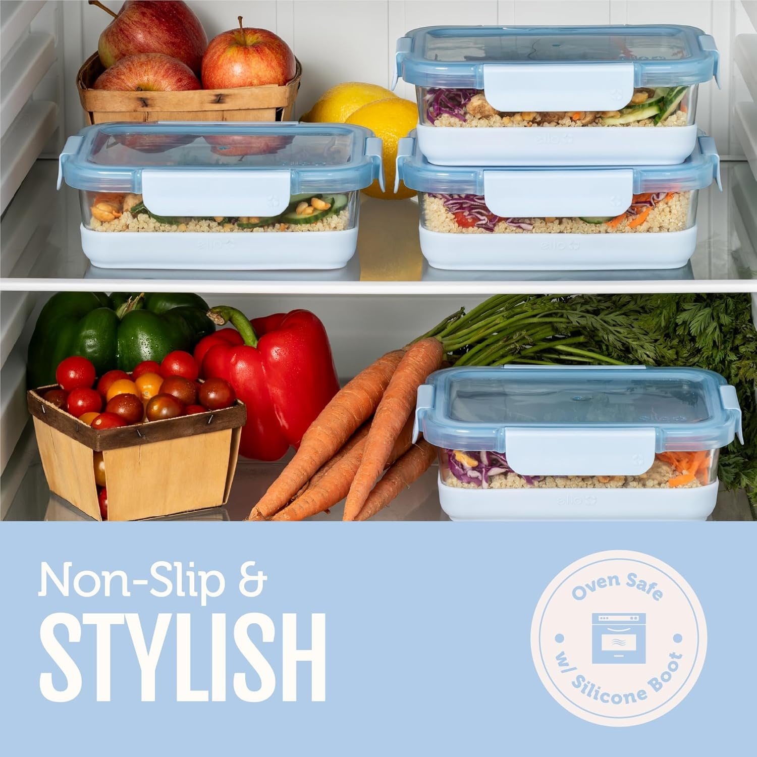 image:imageEllo Duraglass Refresh 34 Cup Meal Prep Sets 10Pc 5 Pack Set Glass Food Storage Container with Silicone Boot and Airtight BPAFree Plastic Lids Dishwasher Microwave and Freezer Safe MelonHalogen Blue with Boot