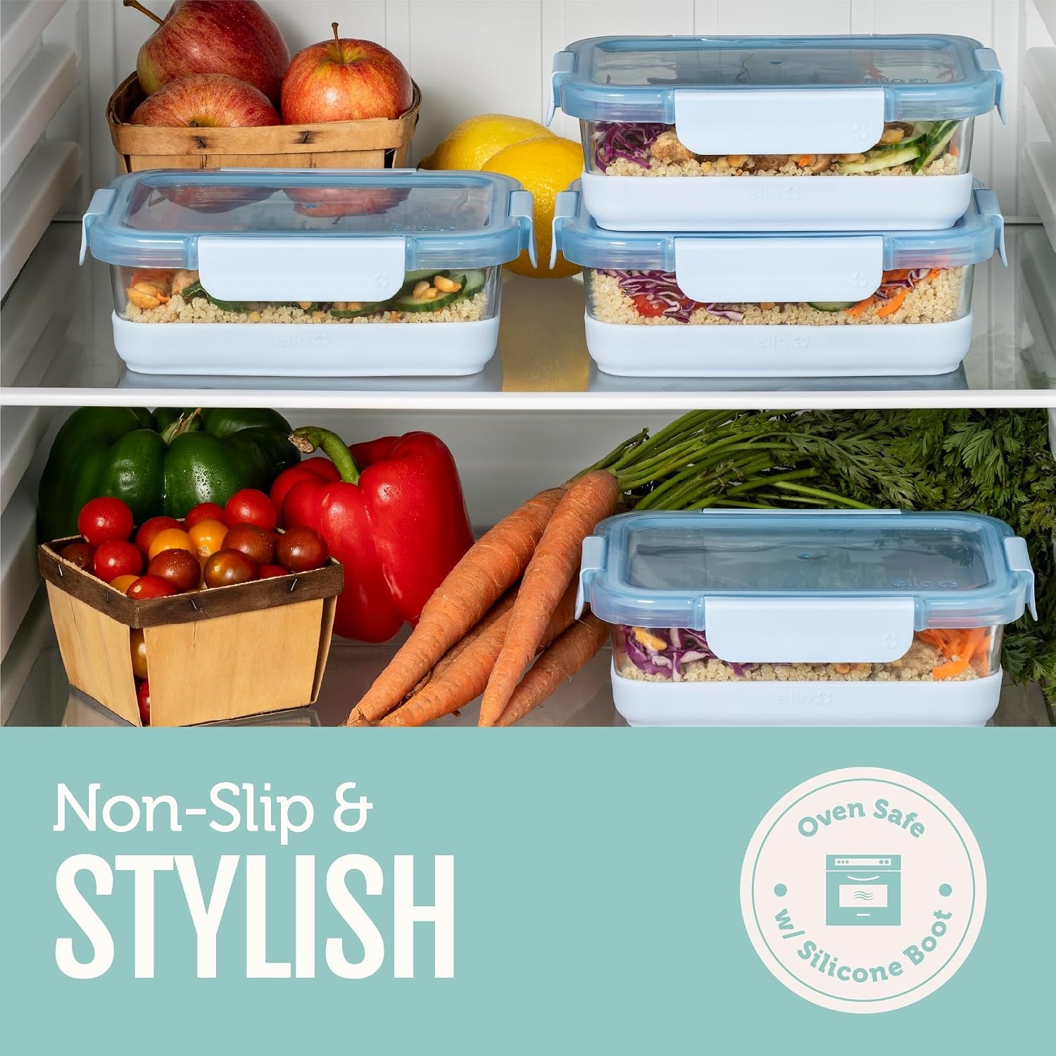 image:imageEllo Duraglass Refresh 34 Cup Meal Prep Sets 10Pc 5 Pack Set Glass Food Storage Container with Silicone Boot and Airtight BPAFree Plastic Lids Dishwasher Microwave and Freezer Safe MelonGarden Goals with Boot