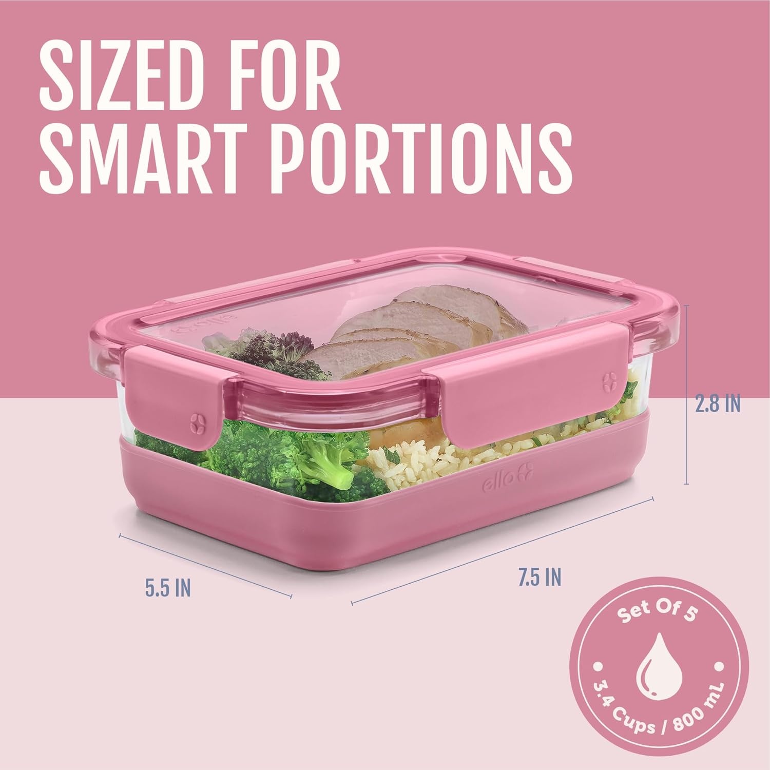 image:imageEllo Duraglass Refresh 34 Cup Meal Prep Sets 10Pc 5 Pack Set Glass Food Storage Container with Silicone Boot and Airtight BPAFree Plastic Lids Dishwasher Microwave and Freezer Safe MelonDusk Delight