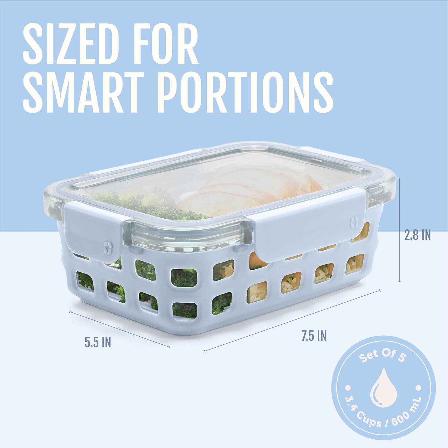 image:imageEllo Duraglass Refresh 34 Cup Meal Prep Sets 10Pc 5 Pack Set Glass Food Storage Container with Silicone Boot and Airtight BPAFree Plastic Lids Dishwasher Microwave and Freezer Safe MelonHalogen Blue with Sleeve