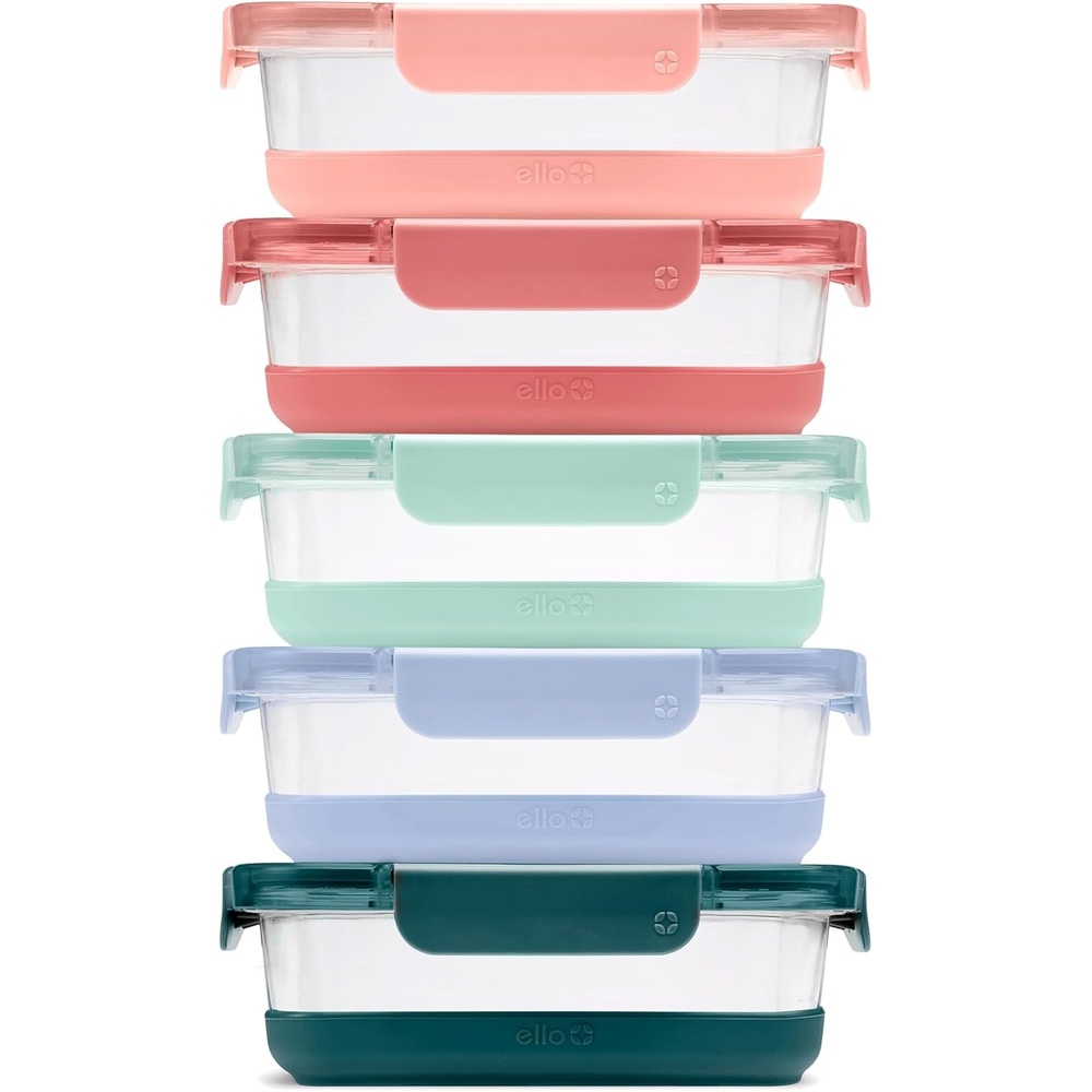 image:imageEllo Duraglass Refresh 34 Cup Meal Prep Sets 10Pc 5 Pack Set Glass Food Storage Container with Silicone Boot and Airtight BPAFree Plastic Lids Dishwasher Microwave and Freezer Safe MelonMelon Refresh