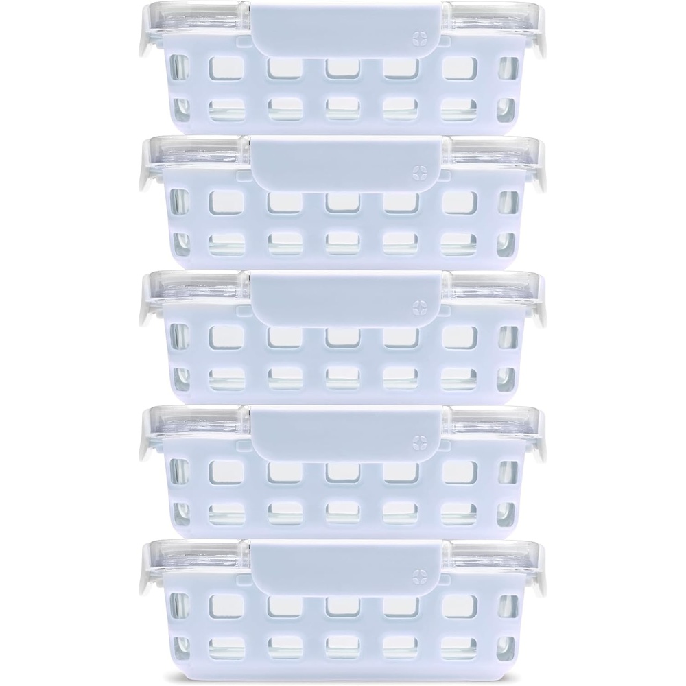 image:imageEllo Duraglass Refresh 34 Cup Meal Prep Sets 10Pc 5 Pack Set Glass Food Storage Container with Silicone Boot and Airtight BPAFree Plastic Lids Dishwasher Microwave and Freezer Safe MelonHalogen Blue with Sleeve