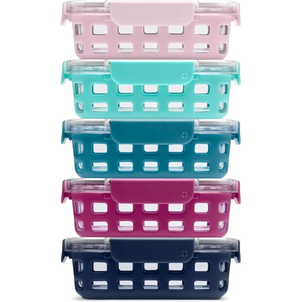 image:imageEllo Duraglass Refresh 34 Cup Meal Prep Sets 10Pc 5 Pack Set Glass Food Storage Container with Silicone Boot and Airtight BPAFree Plastic Lids Dishwasher Microwave and Freezer Safe MelonEvening Orchard