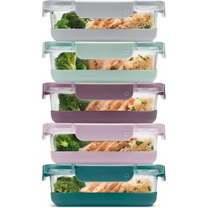 Ello Duraglass Refresh 3.4 Cup Meal Prep Sets 10Pc, 5 Pack Set- Glass Food Storage Container with Silicone Boot and Airtight BPA-Free Plastic Lids, Dishwasher, Microwave and Freezer Safe, Melon(Garden Goals with Boot)