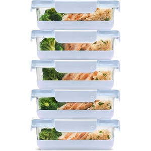 Ello Duraglass Refresh 3.4 Cup Meal Prep Sets 10Pc, 5 Pack Set- Glass Food Storage Container with Silicone Boot and Airtight BPA-Free Plastic Lids, Dishwasher, Microwave and Freezer Safe, Melon(Halogen Blue with Boot)