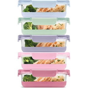 Ello Duraglass Refresh 3.4 Cup Meal Prep Sets 10Pc, 5 Pack Set- Glass Food Storage Container with Silicone Boot and Airtight BPA-Free Plastic Lids, Dishwasher, Microwave and Freezer Safe, Melon(Dusk Delight)