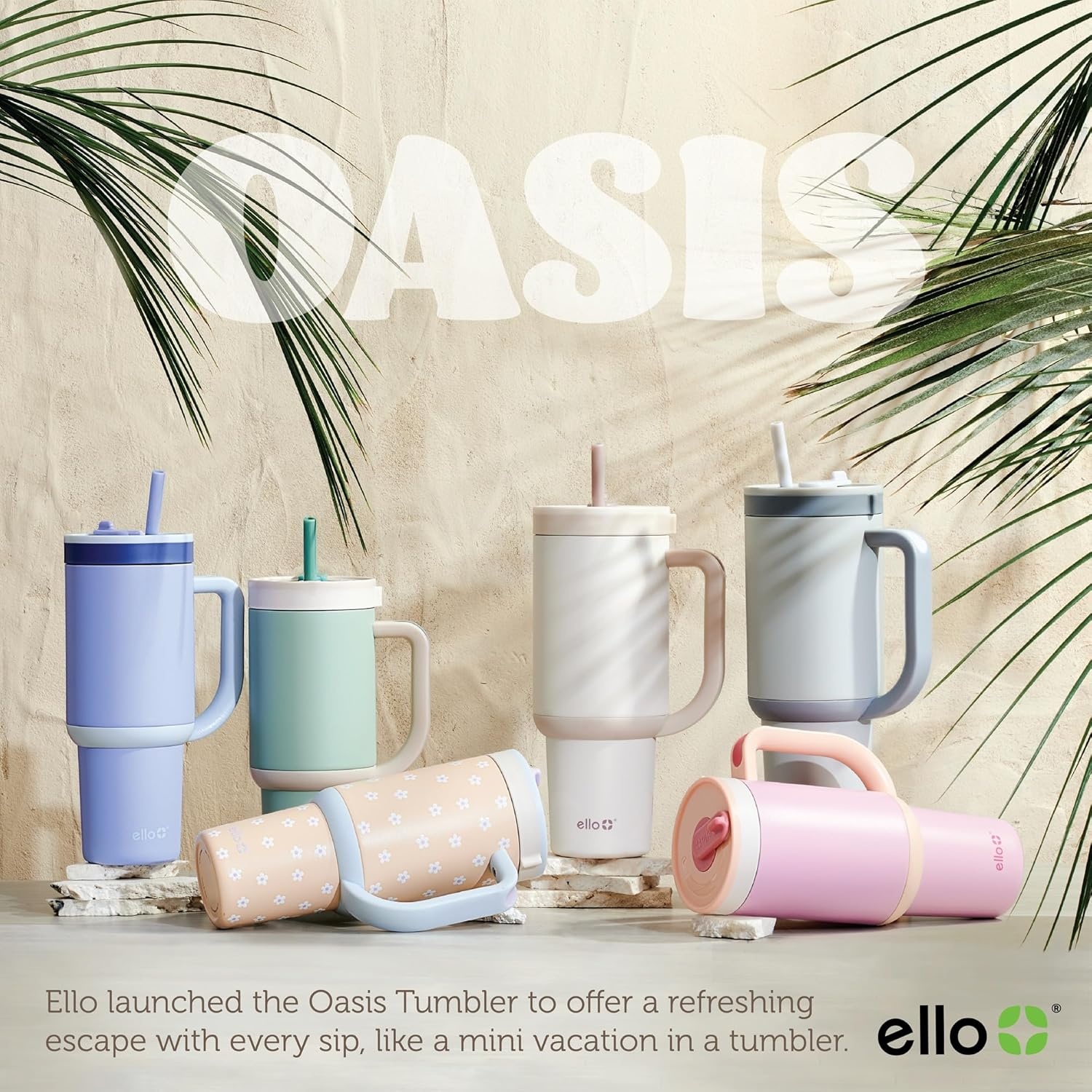image:imageEllo Oasis 40oz Tumbler with Handle amp Retracting Straw Reusable Insulated Stainless Steel Cup 100 Leakproof Keeps Cold for 24 Hours Cup Holder Friendly Picnic on the VineTwilight Blush