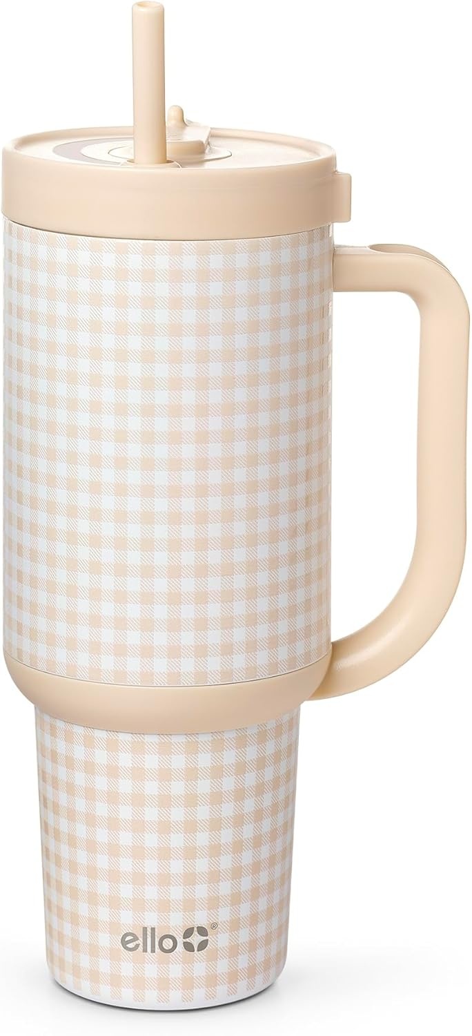 image:imageEllo Oasis 40oz Tumbler with Handle amp Retracting Straw Reusable Insulated Stainless Steel Cup 100 Leakproof Keeps Cold for 24 Hours Cup Holder Friendly Picnic on the VineBeige Gingham