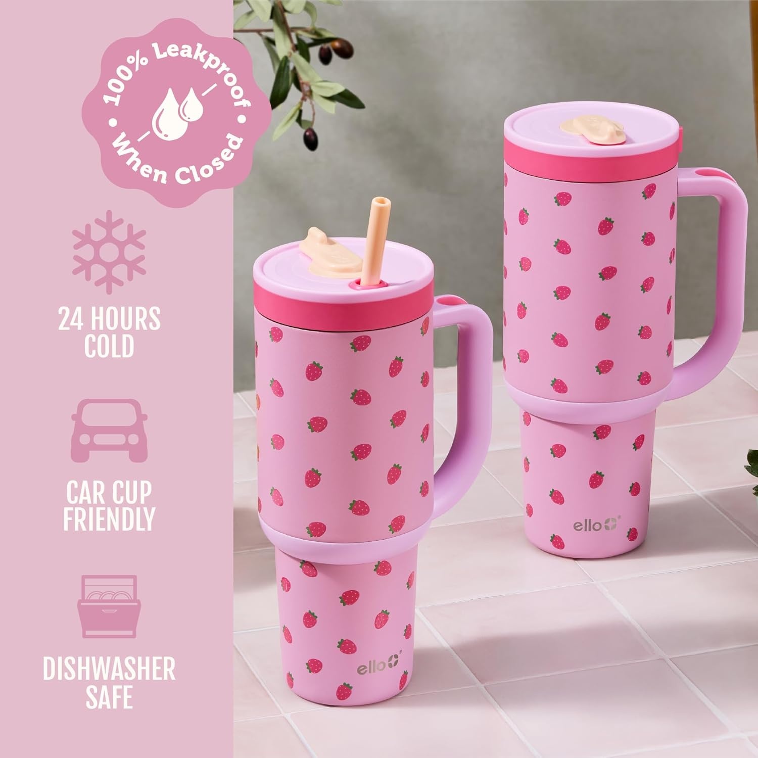 image:imageEllo Oasis 40oz Tumbler with Handle amp Retracting Straw Reusable Insulated Stainless Steel Cup 100 Leakproof Keeps Cold for 24 Hours Cup Holder Friendly Picnic on the VineStrawberries