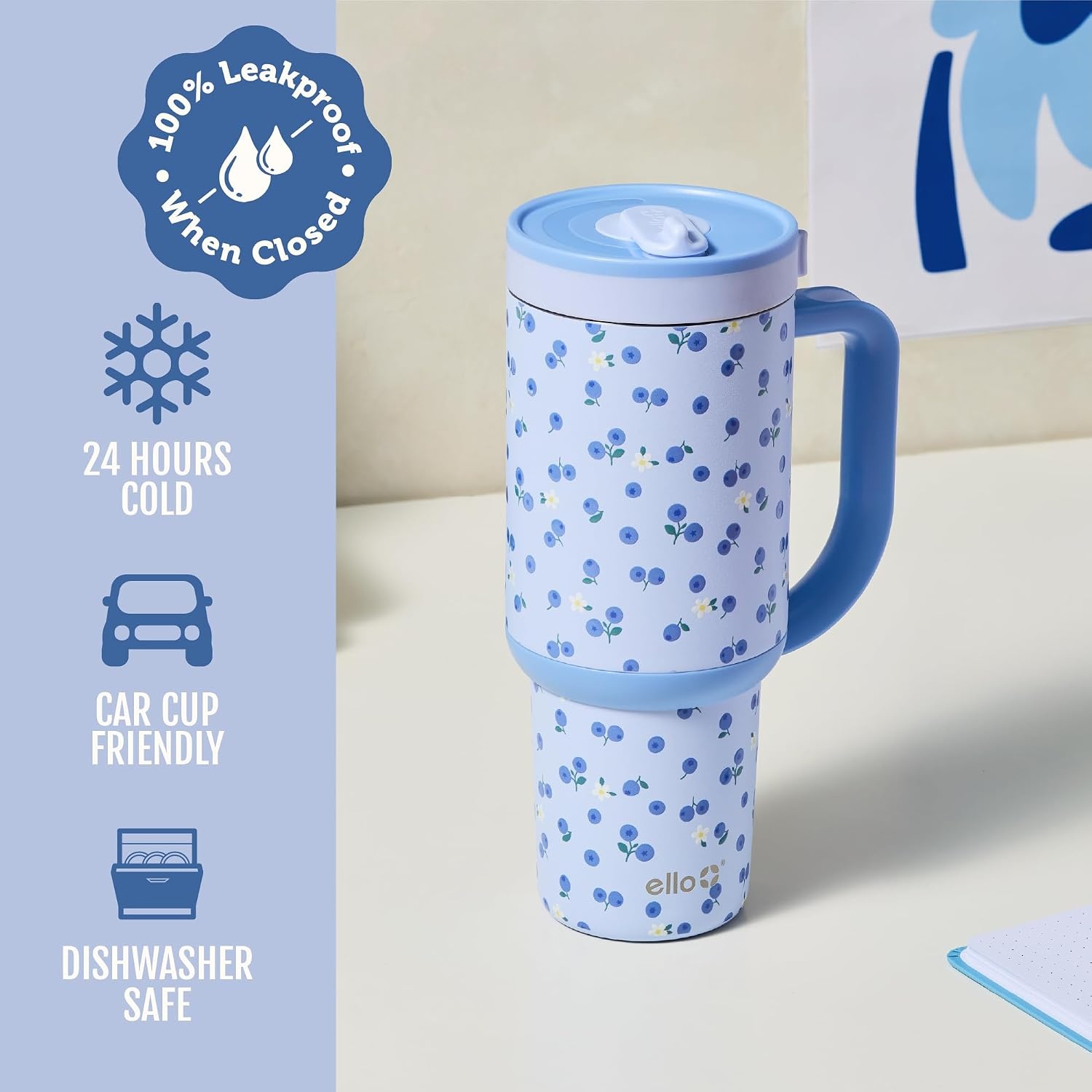 image:imageEllo Oasis 40oz Tumbler with Handle amp Retracting Straw Reusable Insulated Stainless Steel Cup 100 Leakproof Keeps Cold for 24 Hours Cup Holder Friendly Picnic on the VineBlueberries