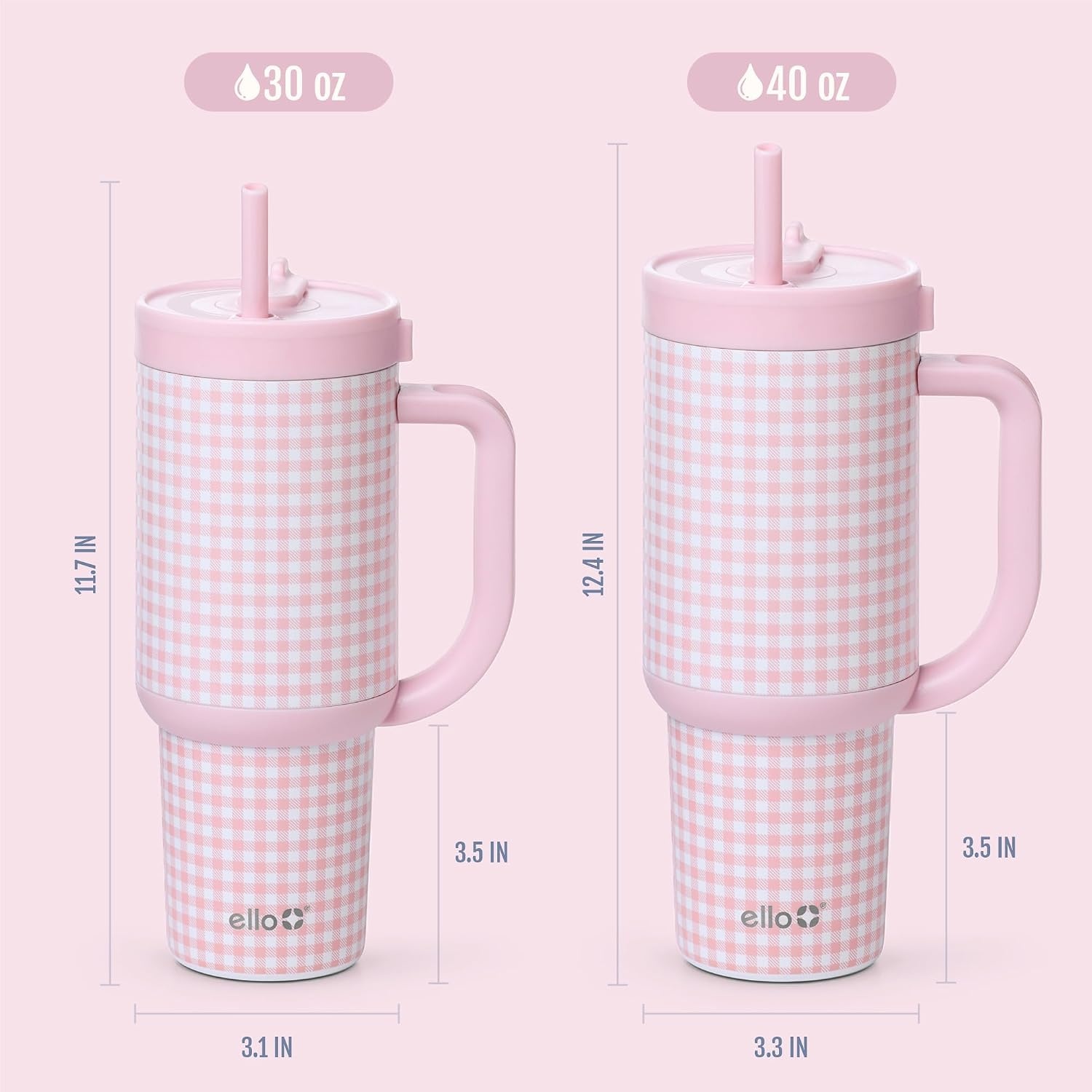 image:imageEllo Oasis 40oz Tumbler with Handle amp Retracting Straw Reusable Insulated Stainless Steel Cup 100 Leakproof Keeps Cold for 24 Hours Cup Holder Friendly Picnic on the VinePink Gingham