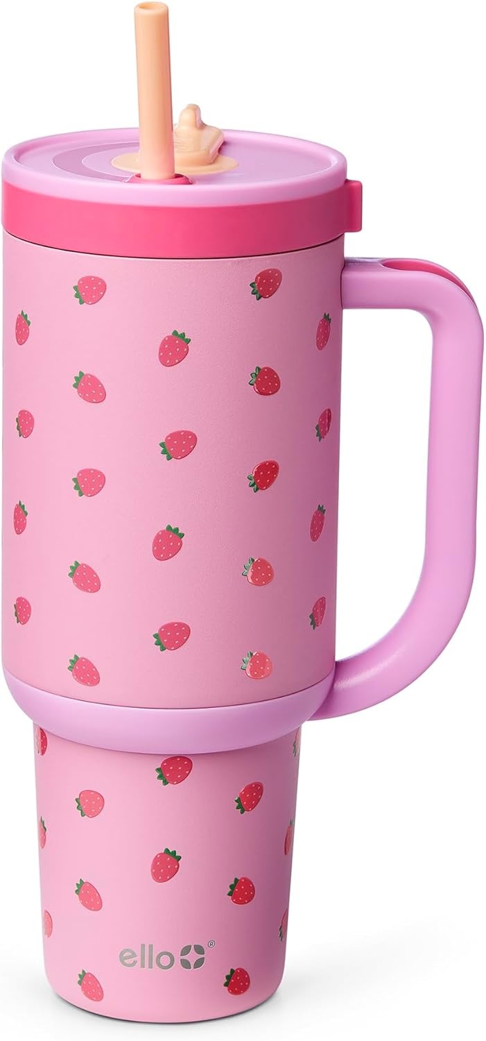 image:imageEllo Oasis 40oz Tumbler with Handle amp Retracting Straw Reusable Insulated Stainless Steel Cup 100 Leakproof Keeps Cold for 24 Hours Cup Holder Friendly Picnic on the VineStrawberries