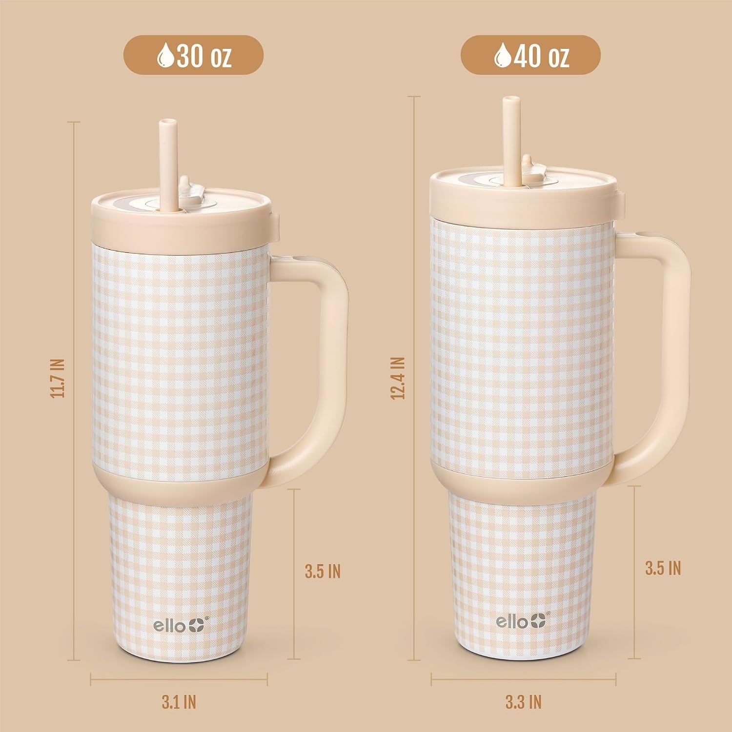 image:imageEllo Oasis 40oz Tumbler with Handle amp Retracting Straw Reusable Insulated Stainless Steel Cup 100 Leakproof Keeps Cold for 24 Hours Cup Holder Friendly Picnic on the VineBeige Gingham