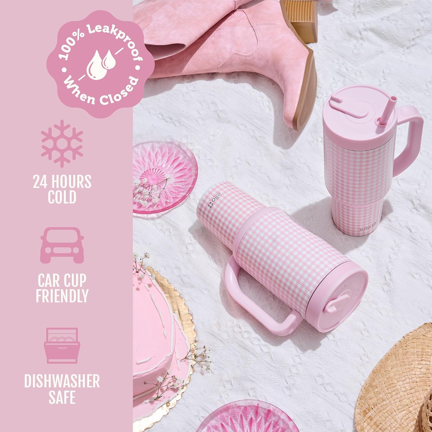 image:imageEllo Oasis 40oz Tumbler with Handle amp Retracting Straw Reusable Insulated Stainless Steel Cup 100 Leakproof Keeps Cold for 24 Hours Cup Holder Friendly Picnic on the VinePink Gingham