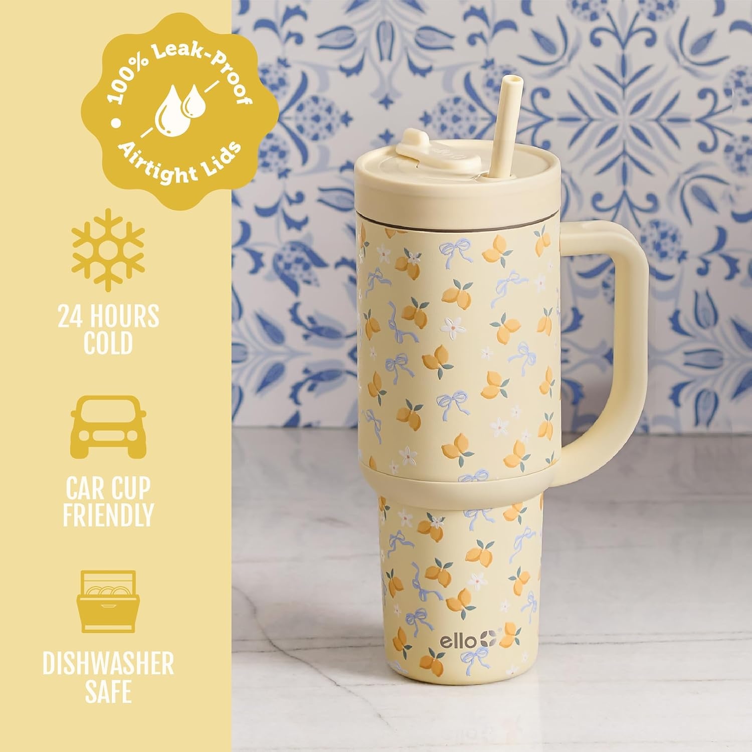 image:imageEllo Oasis 40oz Tumbler with Handle amp Retracting Straw Reusable Insulated Stainless Steel Cup 100 Leakproof Keeps Cold for 24 Hours Cup Holder Friendly Picnic on the VineMain Squeeze