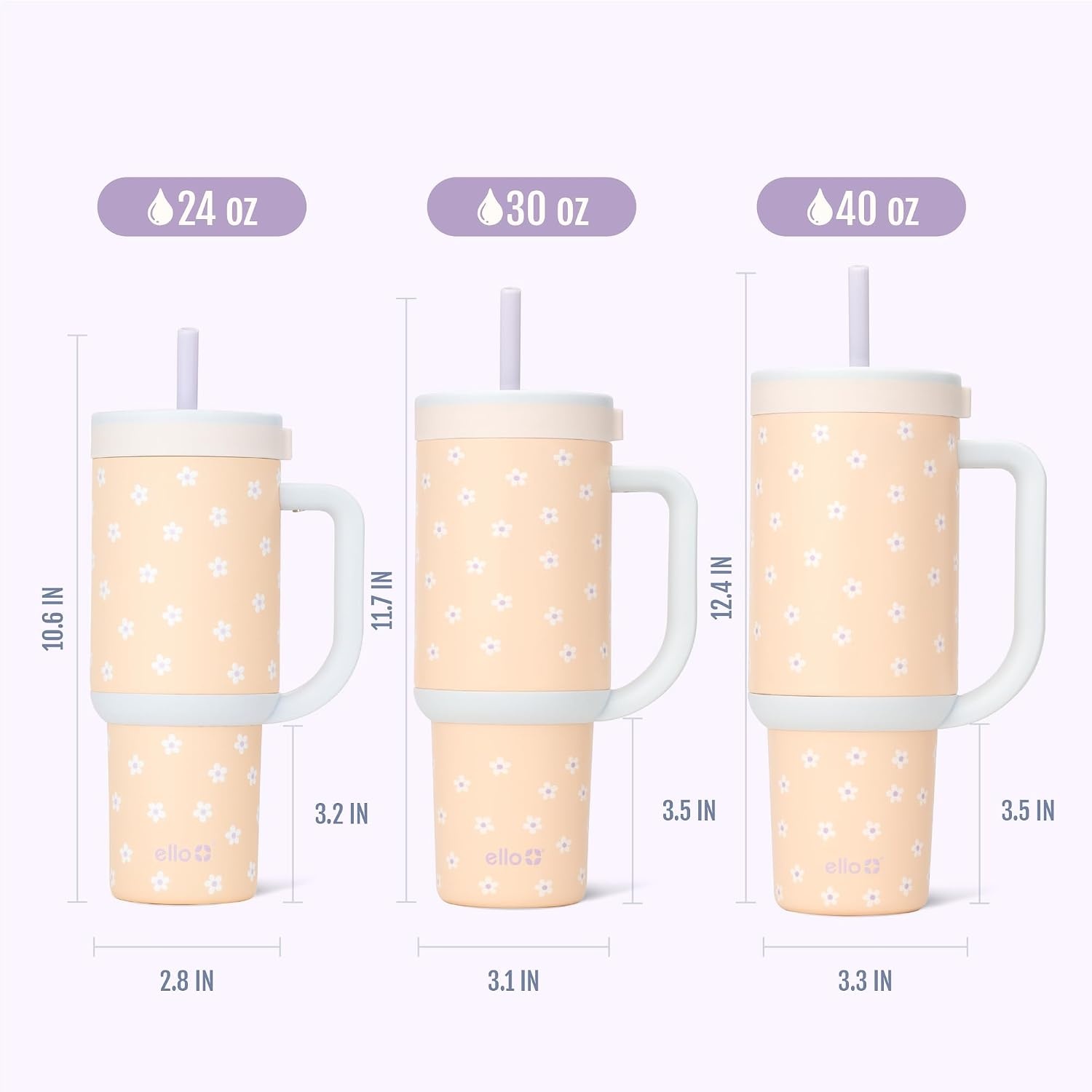 image:imageEllo Oasis 40oz Tumbler with Handle amp Retracting Straw Reusable Insulated Stainless Steel Cup 100 Leakproof Keeps Cold for 24 Hours Cup Holder Friendly Picnic on the VineOrange Daisies