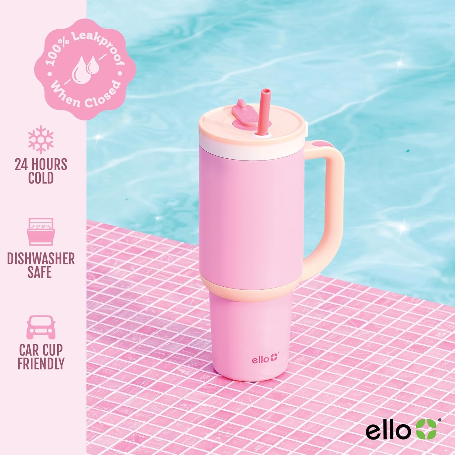 image:imageEllo Oasis 40oz Tumbler with Handle amp Retracting Straw Reusable Insulated Stainless Steel Cup 100 Leakproof Keeps Cold for 24 Hours Cup Holder Friendly Picnic on the VineSunrise Glow