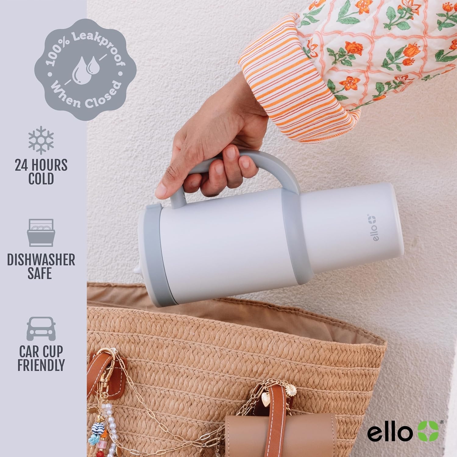 image:imageEllo Oasis 40oz Tumbler with Handle amp Retracting Straw Reusable Insulated Stainless Steel Cup 100 Leakproof Keeps Cold for 24 Hours Cup Holder Friendly Picnic on the VineGrayscale