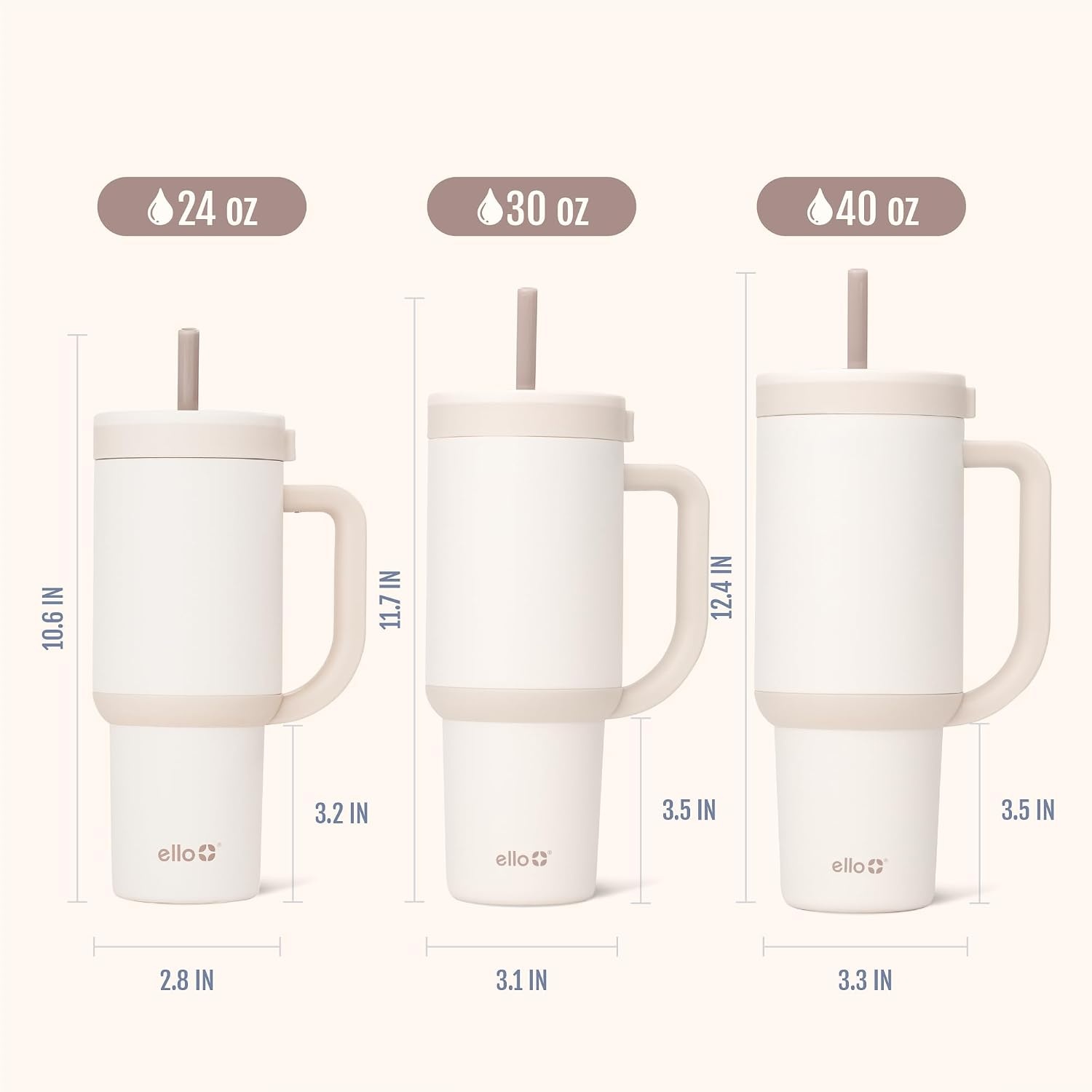 image:imageEllo Oasis 40oz Tumbler with Handle amp Retracting Straw Reusable Insulated Stainless Steel Cup 100 Leakproof Keeps Cold for 24 Hours Cup Holder Friendly Picnic on the VineCream Tonal