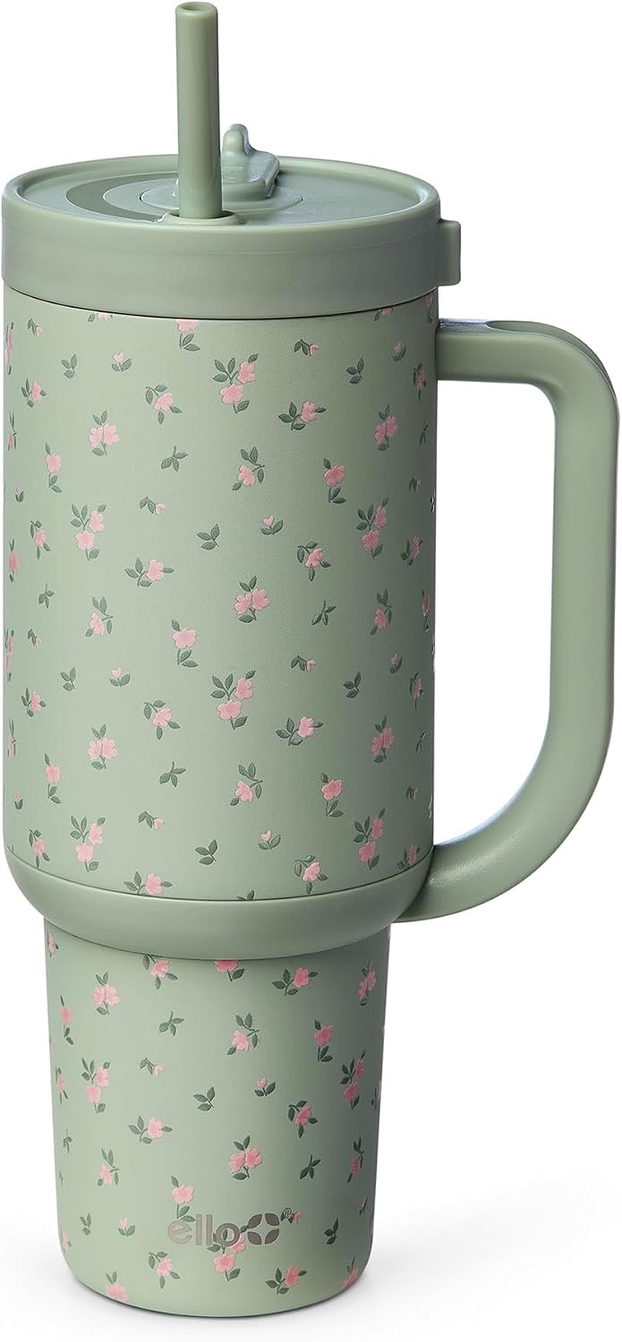 image:imageEllo Oasis 40oz Tumbler with Handle amp Retracting Straw Reusable Insulated Stainless Steel Cup 100 Leakproof Keeps Cold for 24 Hours Cup Holder Friendly Picnic on the VineFull Bloom