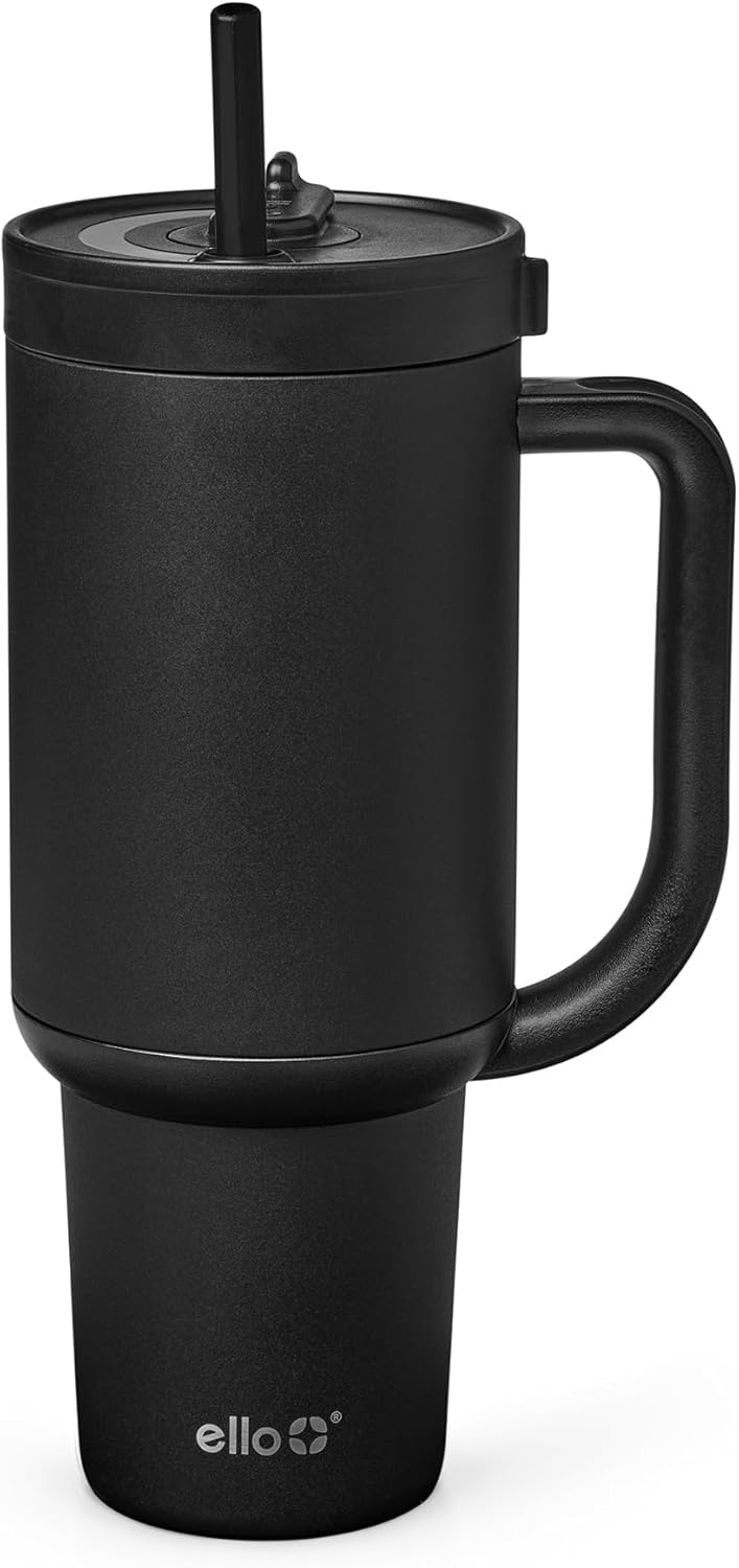 image:imageEllo Oasis 40oz Tumbler with Handle amp Retracting Straw Reusable Insulated Stainless Steel Cup 100 Leakproof Keeps Cold for 24 Hours Cup Holder Friendly Picnic on the VineBlack