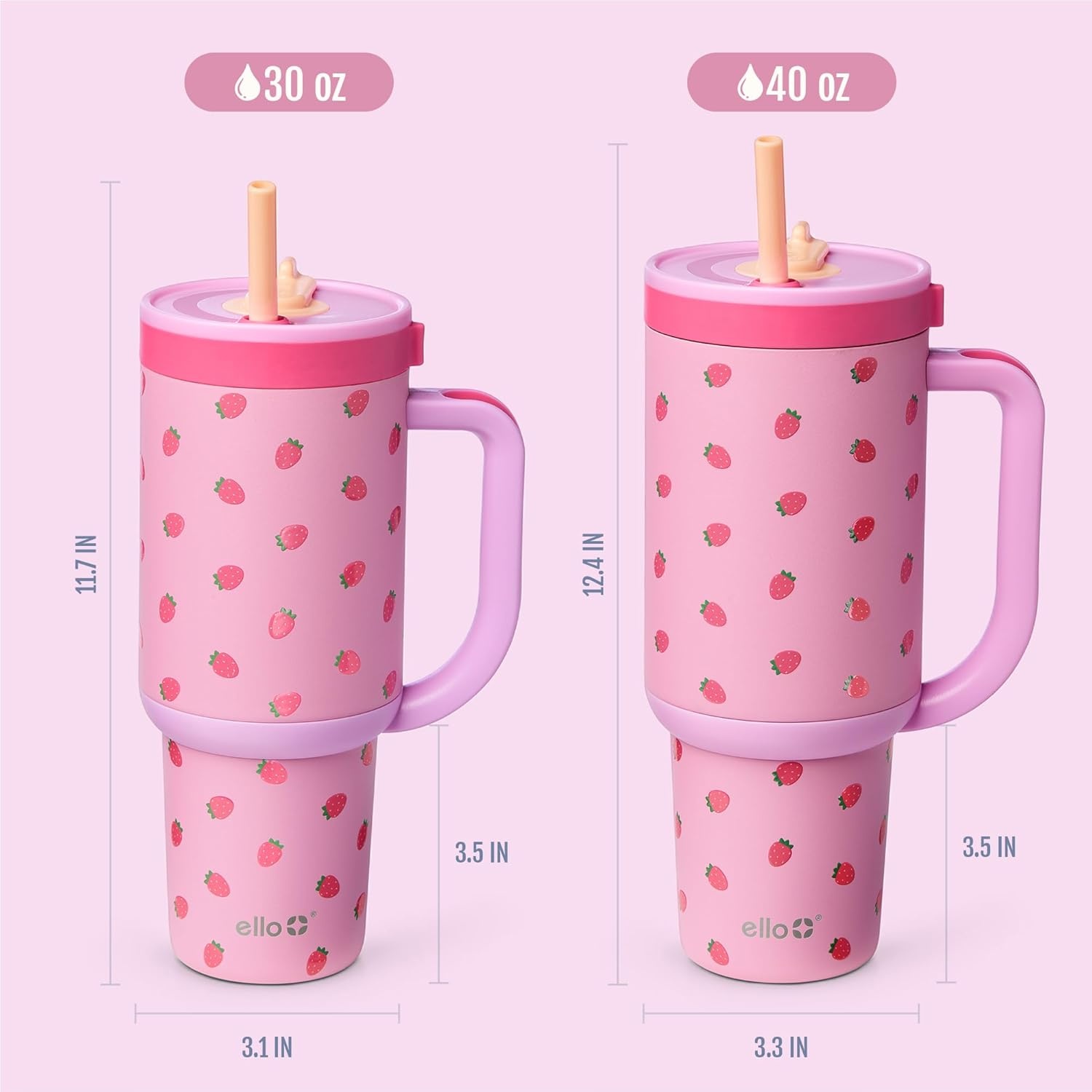 image:imageEllo Oasis 40oz Tumbler with Handle amp Retracting Straw Reusable Insulated Stainless Steel Cup 100 Leakproof Keeps Cold for 24 Hours Cup Holder Friendly Picnic on the VineStrawberries