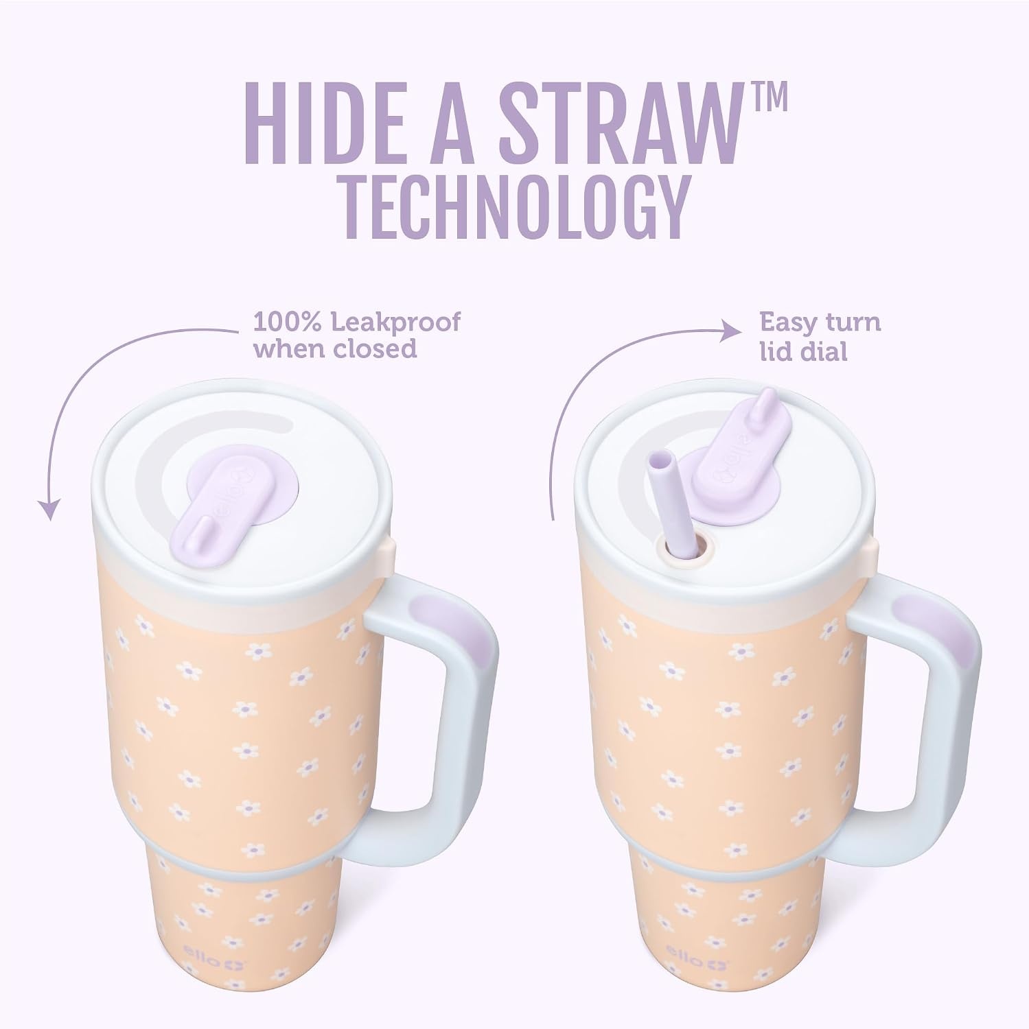 image:imageEllo Oasis 40oz Tumbler with Handle amp Retracting Straw Reusable Insulated Stainless Steel Cup 100 Leakproof Keeps Cold for 24 Hours Cup Holder Friendly Picnic on the VineOrange Daisies