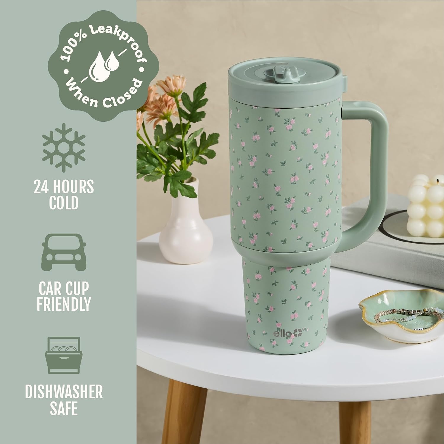 image:imageEllo Oasis 40oz Tumbler with Handle amp Retracting Straw Reusable Insulated Stainless Steel Cup 100 Leakproof Keeps Cold for 24 Hours Cup Holder Friendly Picnic on the VineFull Bloom
